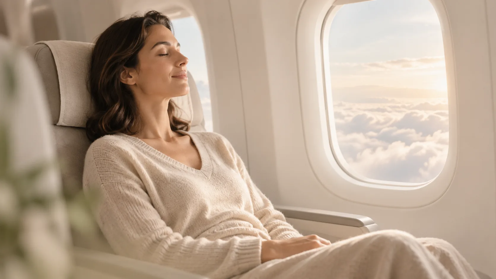 Passagère détendue près du hublot, peur de l'avion et des espaces clos, cabinet Hypnozen près de Charleroi