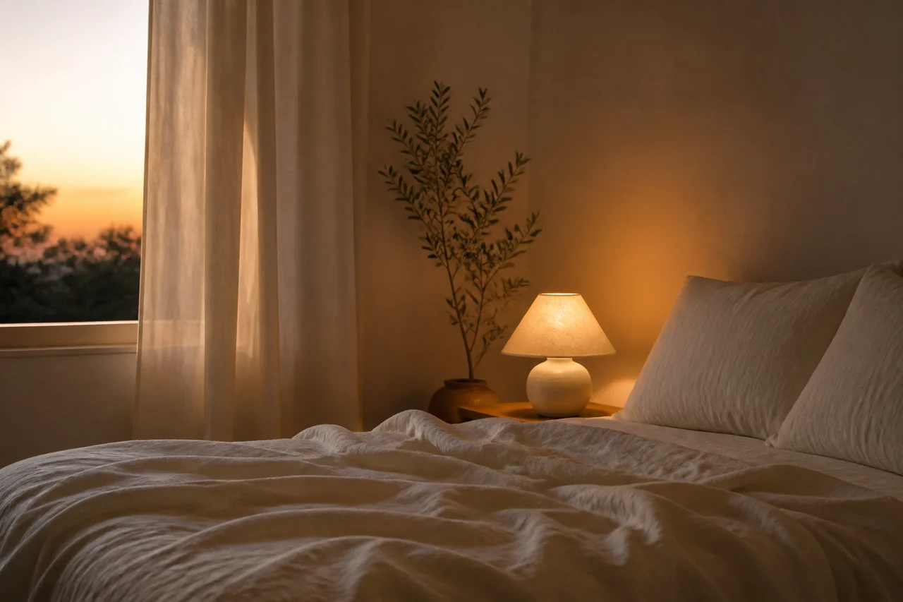 Chambre apaisée à la lumière douce du soir — hypnose pour dormir, cabinet Hypnozen près de Charleroi