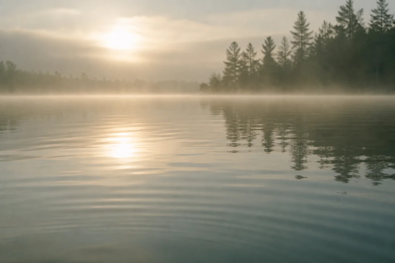 Lac calme dans la brume du matin, reflets dorés — hypnose stress et anxiété, cabinet Hypnozen près de Charleroi